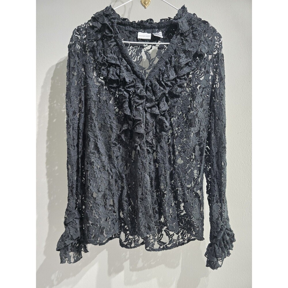 Newport News Black 90's Blouse Fairy Grunge Sheer Lace Shirt Long Sleeves Sz 14